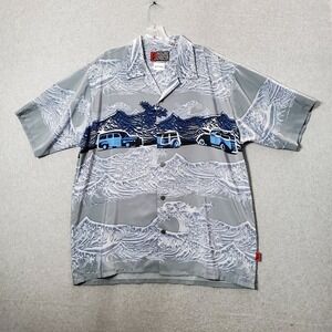 VINTAGE Pineapple Connection Men Button Up Shirt L Gray Ocean Surf Cars 90s